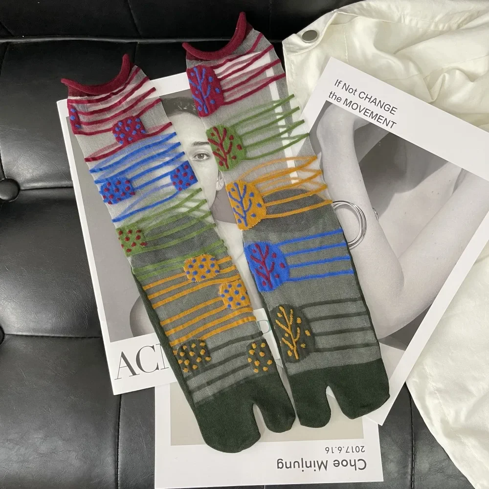 Summer Ultra-Thin Crystal Silk Sheer Frilly Tabi Socks Japanese Women Toe Socks Literary Personality Female Toe Socks