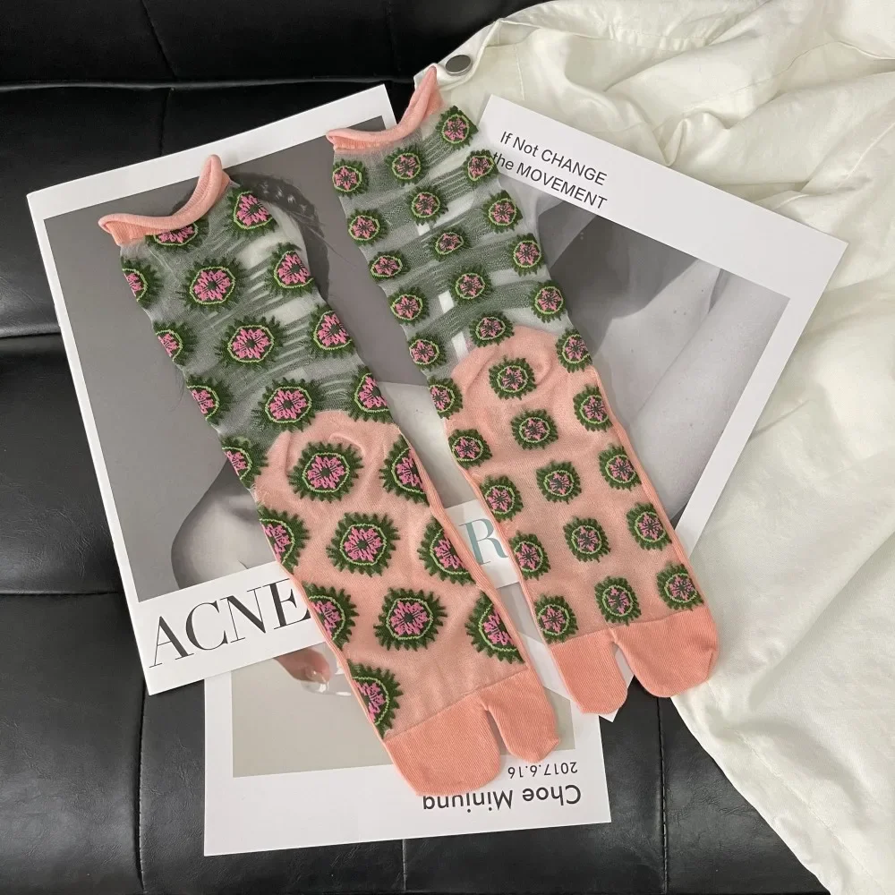 Summer Ultra-Thin Crystal Silk Sheer Frilly Tabi Socks Japanese Women Toe Socks Literary Personality Female Toe Socks