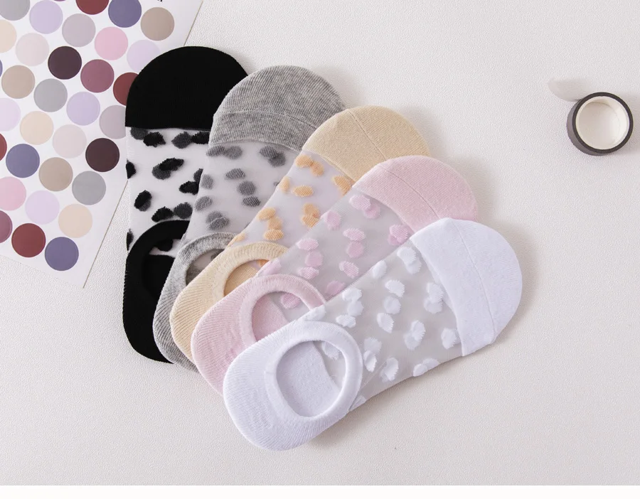 5Pairs Round Dot Socks Women's Summer Thin Transparent Invisible Boat Socks Breathable Short Sock Mesh Ultra-thin Non-slip Socks