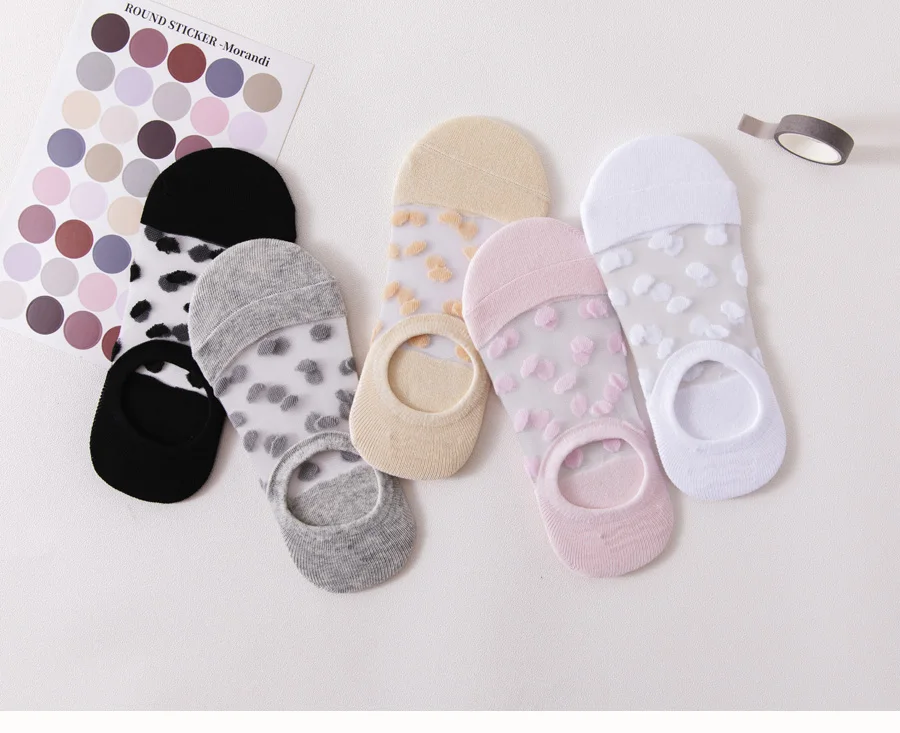 5Pairs Round Dot Socks Women's Summer Thin Transparent Invisible Boat Socks Breathable Short Sock Mesh Ultra-thin Non-slip Socks