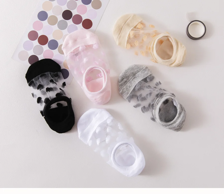 5Pairs Round Dot Socks Women's Summer Thin Transparent Invisible Boat Socks Breathable Short Sock Mesh Ultra-thin Non-slip Socks