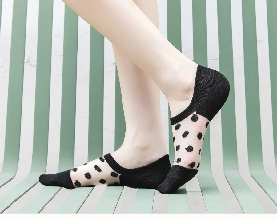 5Pairs Round Dot Socks Women's Summer Thin Transparent Invisible Boat Socks Breathable Short Sock Mesh Ultra-thin Non-slip Socks
