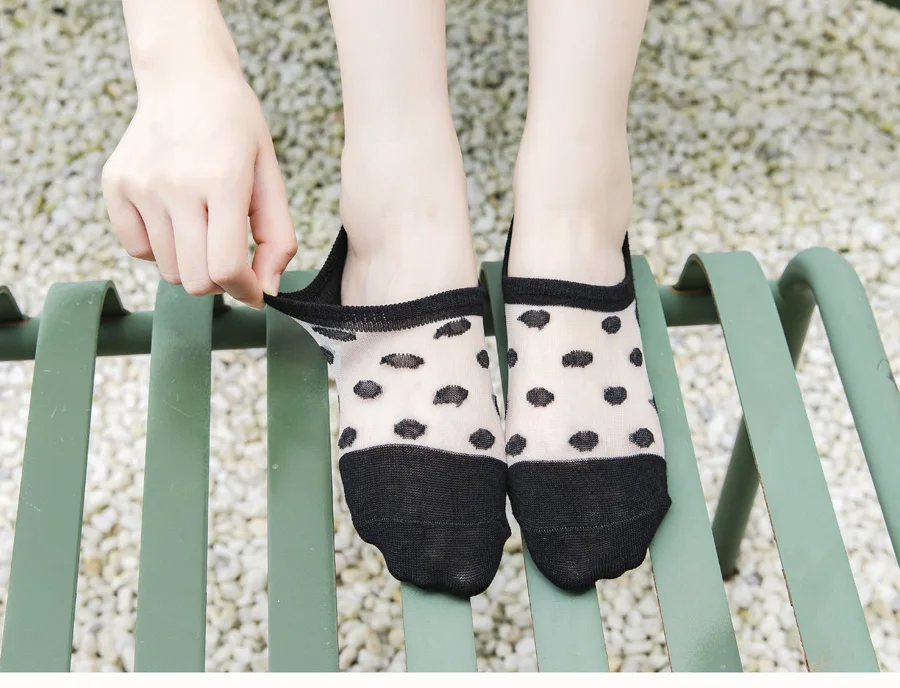 5Pairs Round Dot Socks Women's Summer Thin Transparent Invisible Boat Socks Breathable Short Sock Mesh Ultra-thin Non-slip Socks
