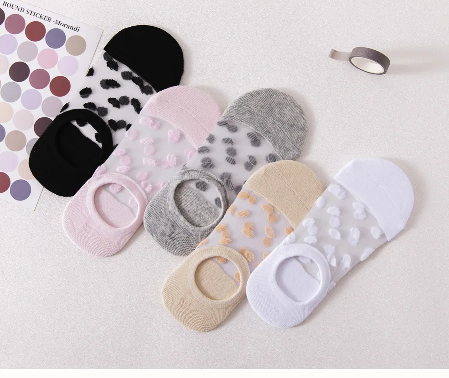 5Pairs Round Dot Socks Women's Summer Thin Transparent Invisible Boat Socks Breathable Short Sock Mesh Ultra-thin Non-slip Socks