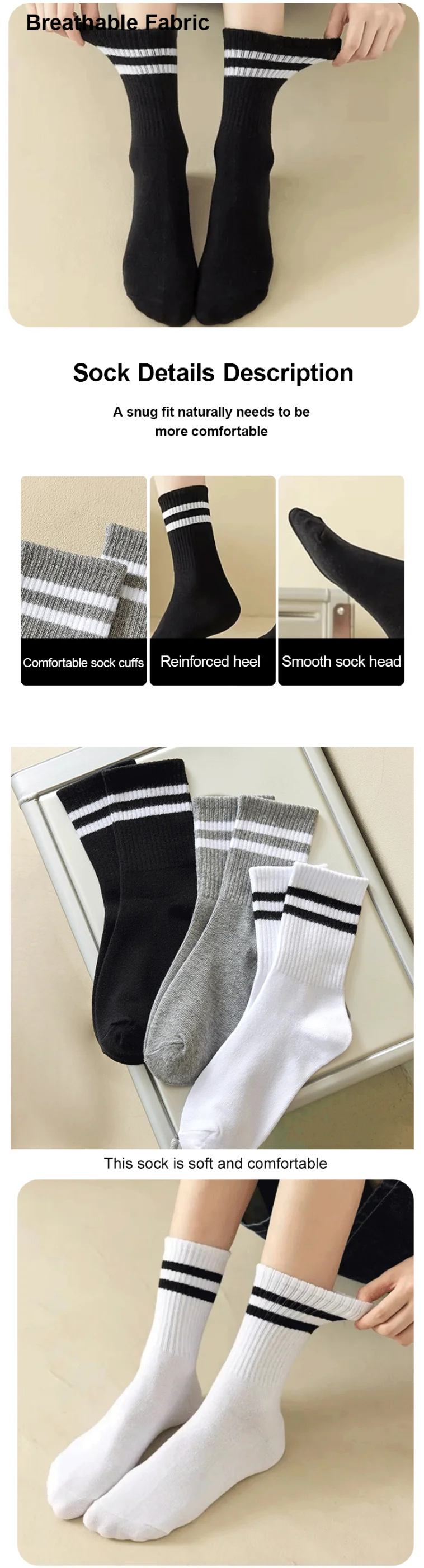 6 Pairs Women Socks Simplicity Parallel Bars Versatile Sport Socks Socks Solid Breathable Mid-Tube Socks Woman Absorbent Socks
