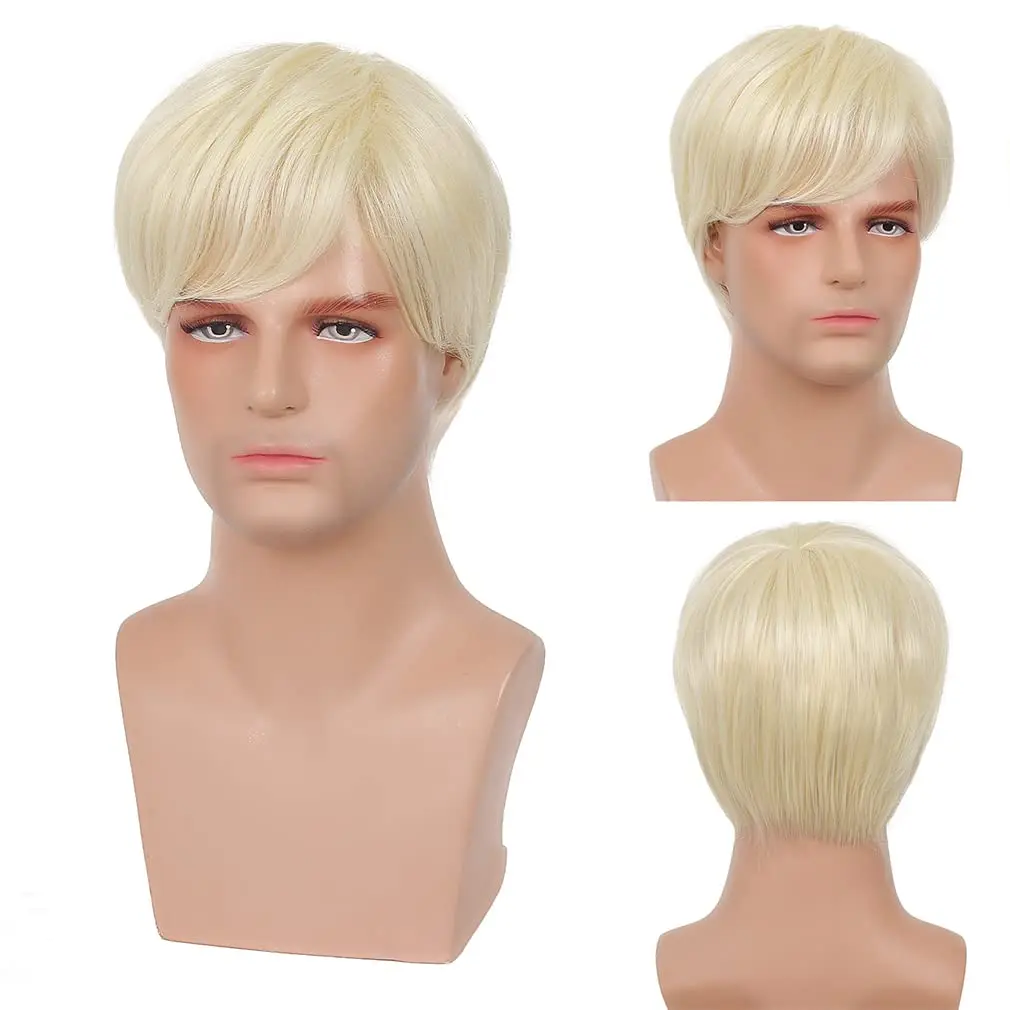 Mens Short Blonde Wig Natural Blonde Synthetic Hair Replacement Wig for Men Guys Short Blonde Cosplay Halloween Costume Party