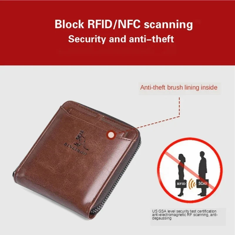 Men's Coin Purse Wallet Fashion RFID Blocking Man Leather Wallet Zipper Business Card Holder ID Money Bag Wallet Male