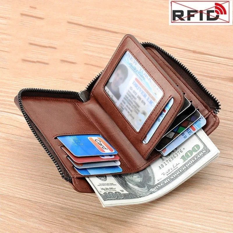 Men's Coin Purse Wallet Fashion RFID Blocking Man Leather Wallet Zipper Business Card Holder ID Money Bag Wallet Male