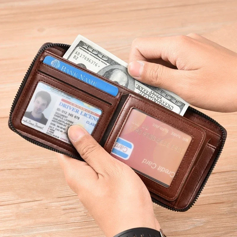 Men's Coin Purse Wallet Fashion RFID Blocking Man Leather Wallet Zipper Business Card Holder ID Money Bag Wallet Male