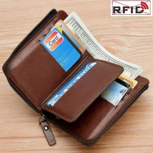 Men's Coin Purse Wallet Fashion RFID Blocking Man Leather Wallet Zipper Business Card Holder ID Money Bag Wallet Male