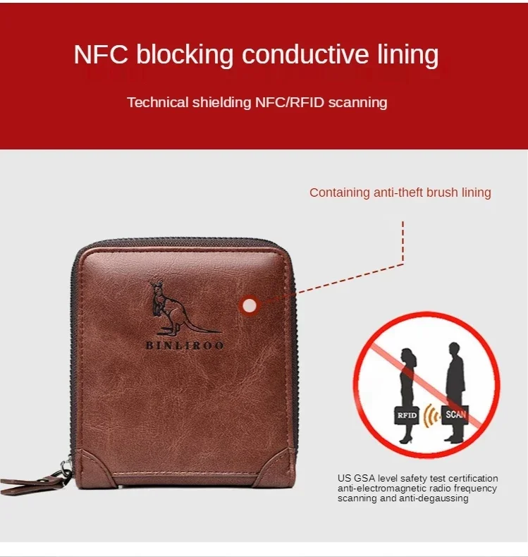 Men's Coin Purse Wallet Fashion RFID Blocking Man Leather Wallet Zipper Business Card Holder ID Money Bag Wallet Male
