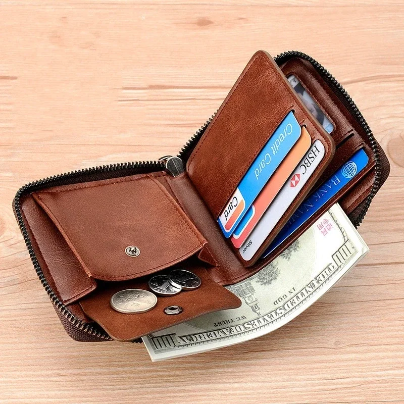 Men's Coin Purse Wallet Fashion RFID Blocking Man Leather Wallet Zipper Business Card Holder ID Money Bag Wallet Male