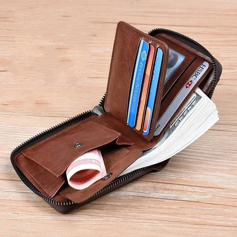 Men's Coin Purse Wallet Fashion RFID Blocking Man Leather Wallet Zipper Business Card Holder ID Money Bag Wallet Male