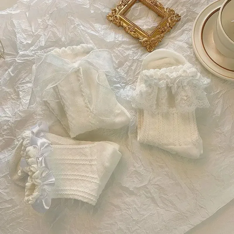 5 Pairs Lolita Socks White Bow Lace Socks Middle Tube Japanese College Style Princess Socks Sweet JK Streetwear Hosiery
