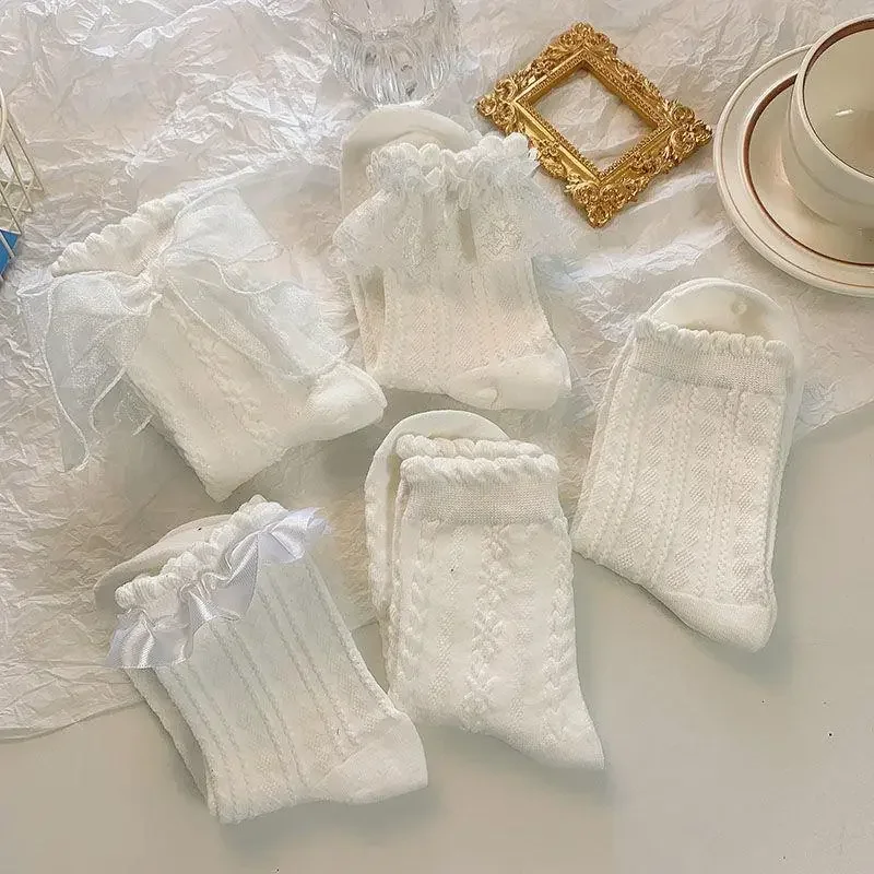 5 Pairs Lolita Socks White Bow Lace Socks Middle Tube Japanese College Style Princess Socks Sweet JK Streetwear Hosiery