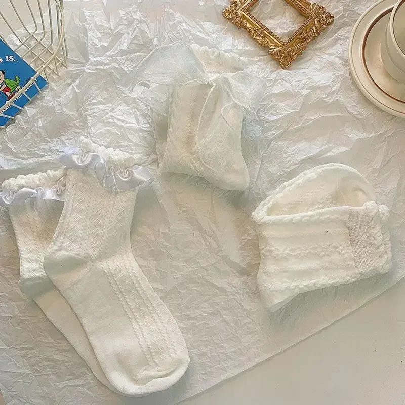 5 Pairs Lolita Socks White Bow Lace Socks Middle Tube Japanese College Style Princess Socks Sweet JK Streetwear Hosiery