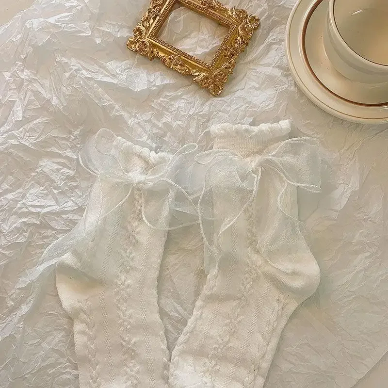 5 Pairs Lolita Socks White Bow Lace Socks Middle Tube Japanese College Style Princess Socks Sweet JK Streetwear Hosiery