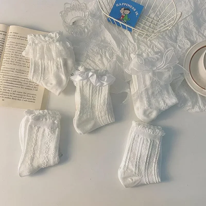 5 Pairs Lolita Socks White Bow Lace Socks Middle Tube Japanese College Style Princess Socks Sweet JK Streetwear Hosiery