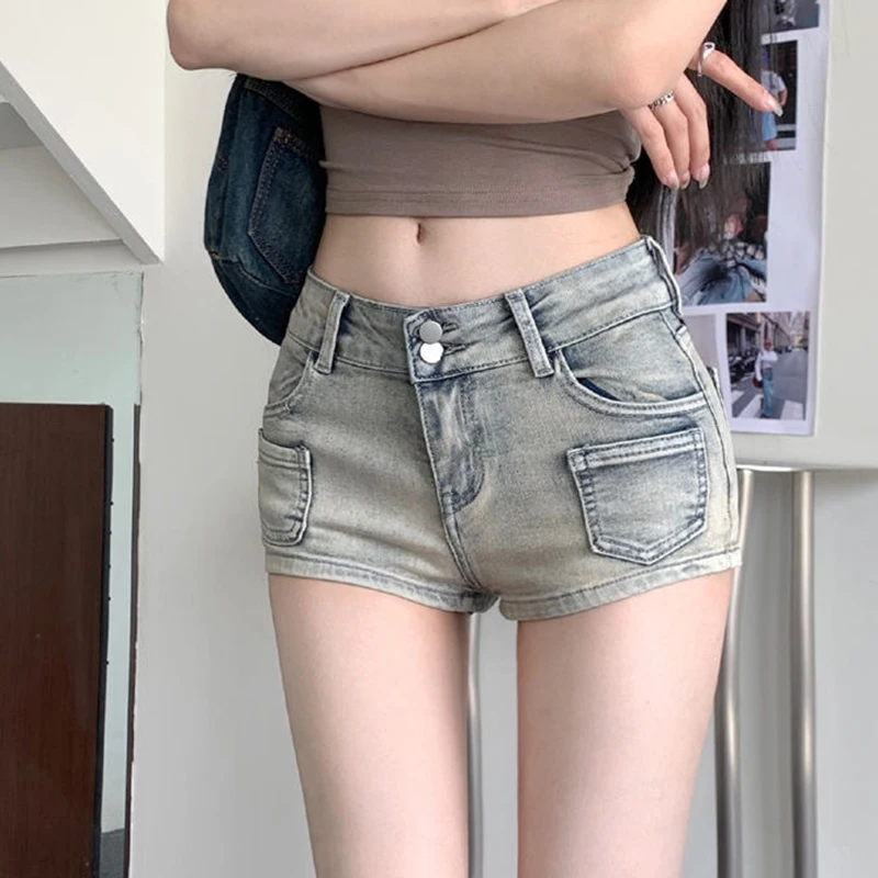 Women Korean Retro Y2k Shorts Pants Lady Vintage High Street Hot Pants Female Blue Low Waist Elastic Wrapped Hip Short Jeans