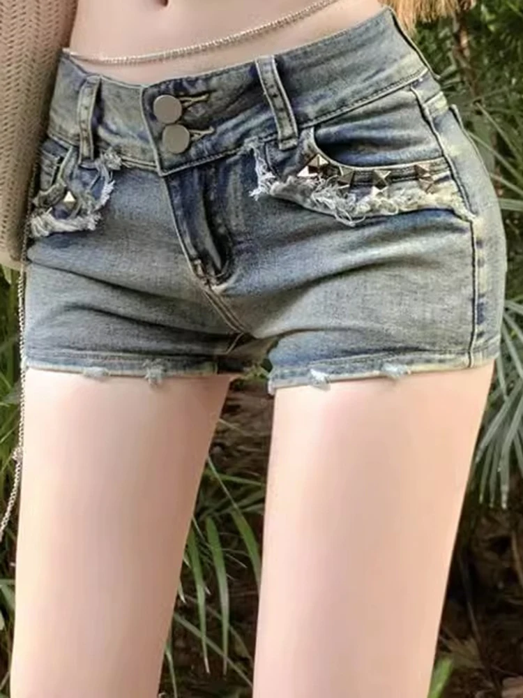 Women Korean Retro Y2k Shorts Pants Lady Vintage High Street Hot Pants Female Blue Low Waist Elastic Wrapped Hip Short Jeans