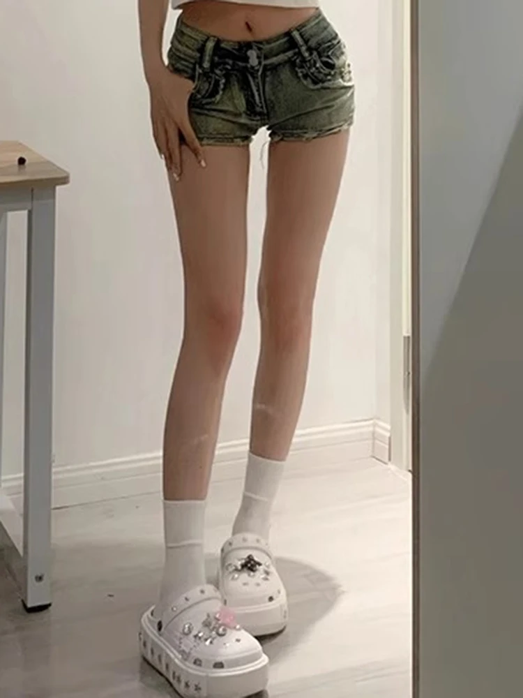 Women Korean Retro Y2k Shorts Pants Lady Vintage High Street Hot Pants Female Blue Low Waist Elastic Wrapped Hip Short Jeans