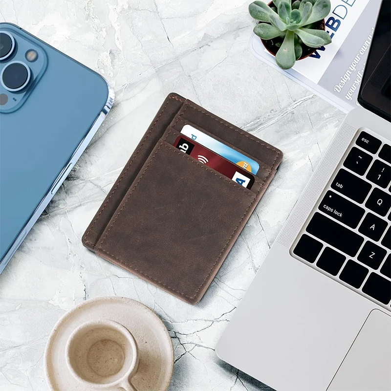 SCHLATUM Vintage Genuine Leather Crazy Horse RFID Slim Minimalist Card Holder Wallet Front Pocket Minimalist Leather Slim Wallet