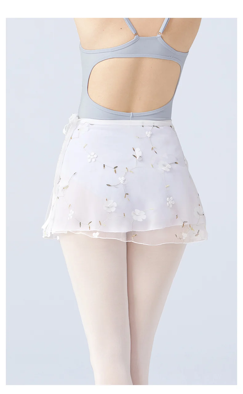 Women Ballet Skirts Embroidery Floral Mini Wrap Short Dance Skirts 2 Layers Adult Big Girl Dancewear Performance Ballet Costumes