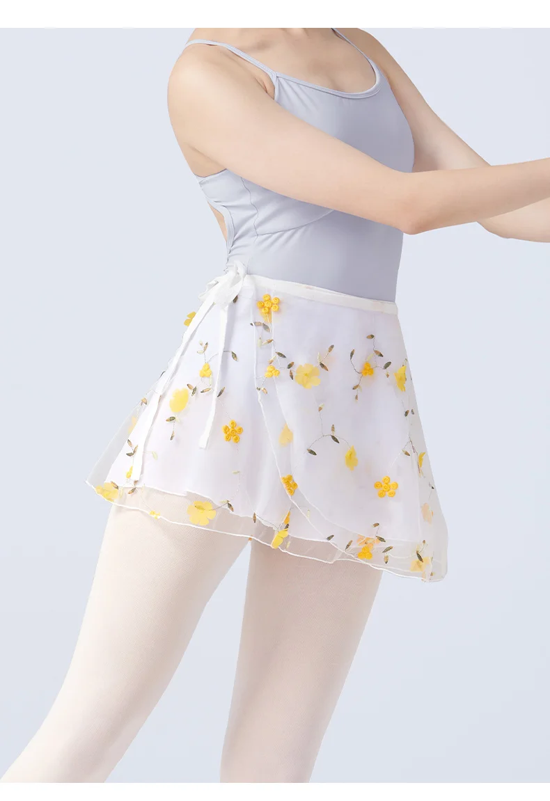 Women Ballet Skirts Embroidery Floral Mini Wrap Short Dance Skirts 2 Layers Adult Big Girl Dancewear Performance Ballet Costumes