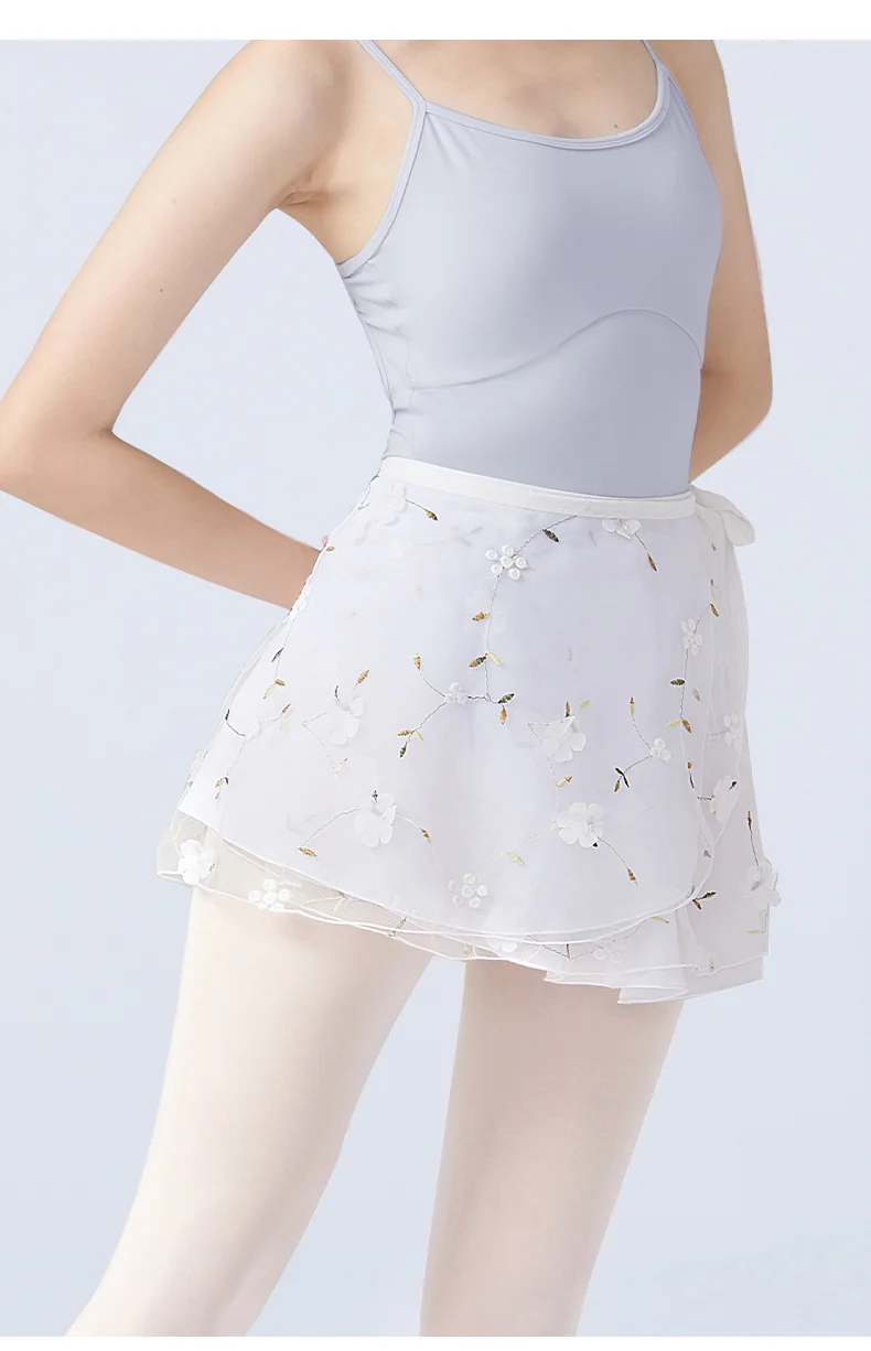 Women Ballet Skirts Embroidery Floral Mini Wrap Short Dance Skirts 2 Layers Adult Big Girl Dancewear Performance Ballet Costumes