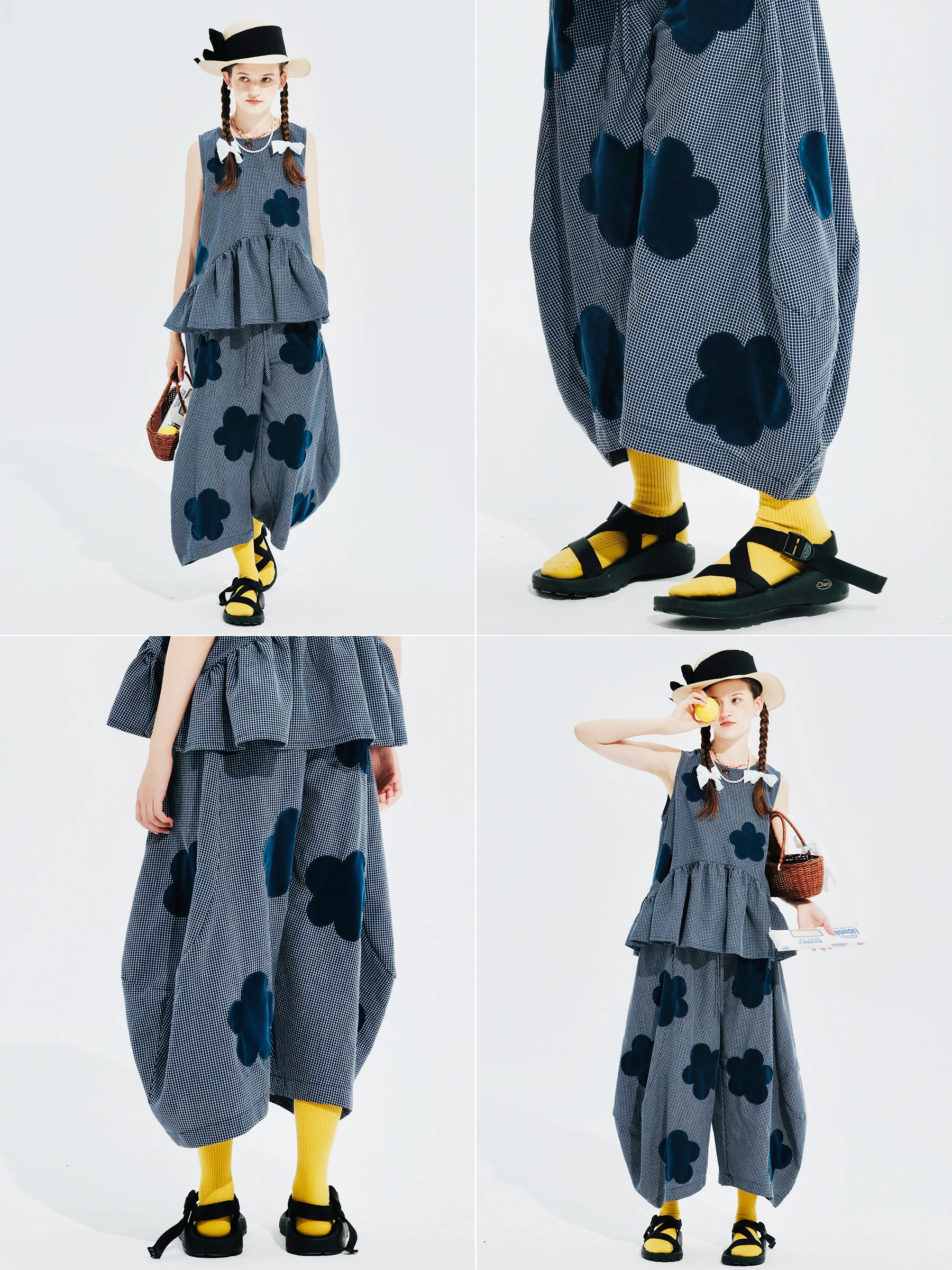 imakokoni summer new flocking applique plaid Korean wide-leg pants women's loose 244629
