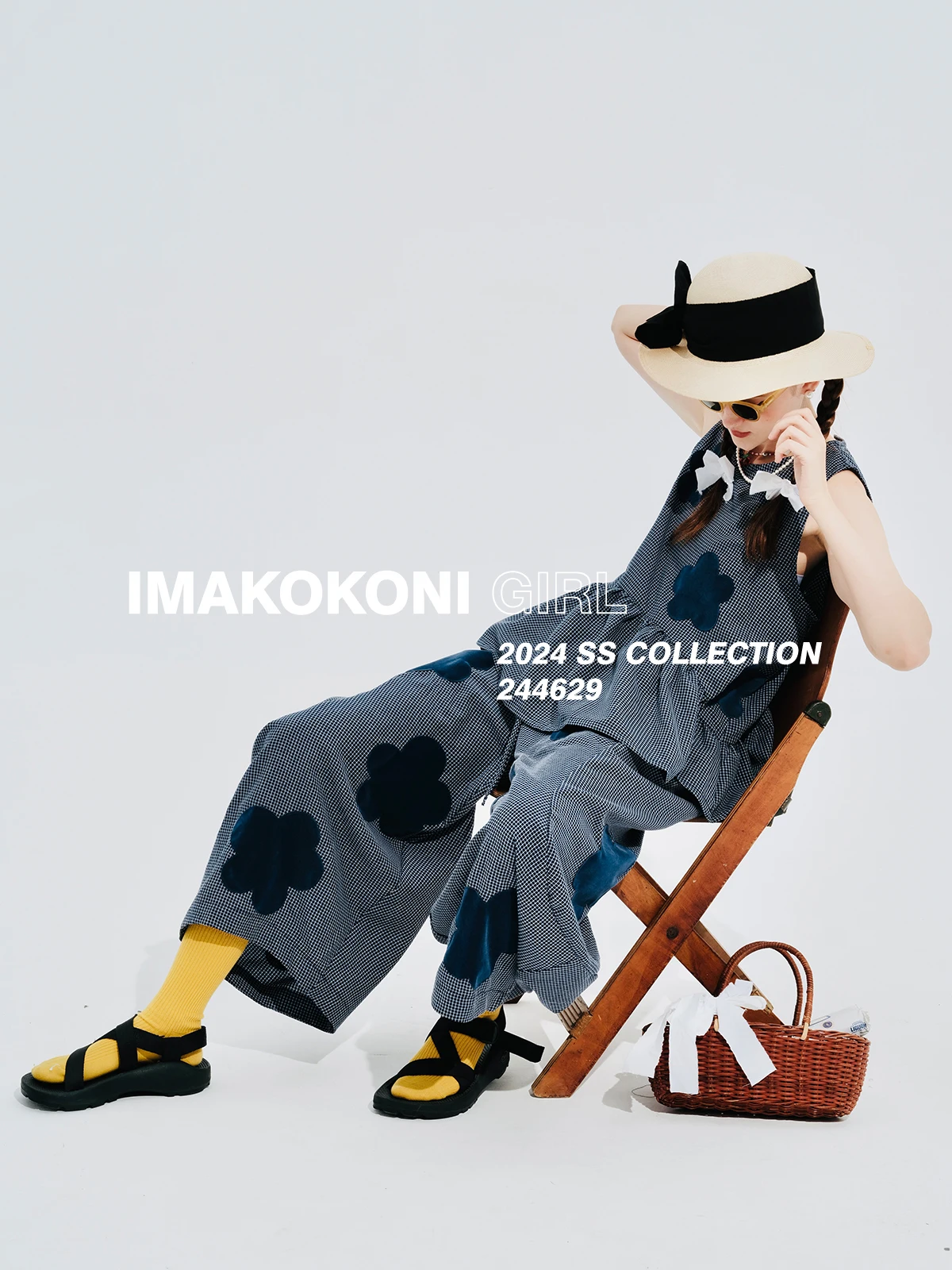 imakokoni summer new flocking applique plaid Korean wide-leg pants women's loose 244629