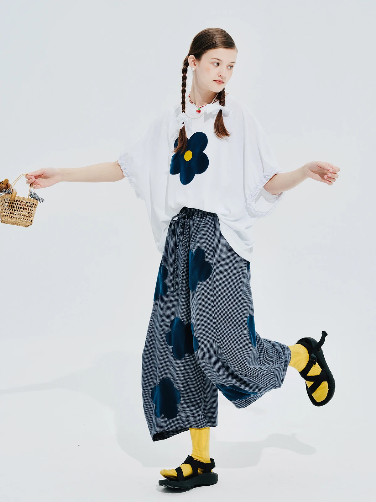 imakokoni summer new flocking applique plaid Korean wide-leg pants women's loose 244629