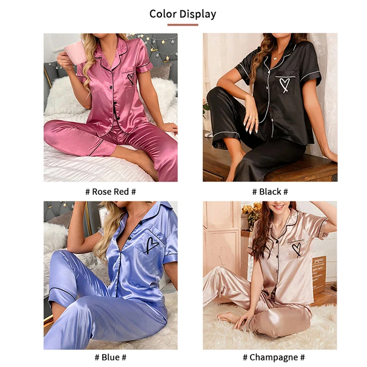 Heart Embroidery Satin Pajama Set Casual Short Sleeve Button Up Lapel Collar Top & Elastic Pants Pyjama Women's Sleepwear Pj Set