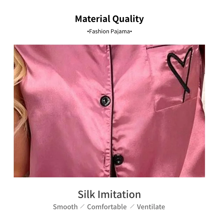 Heart Embroidery Satin Pajama Set Casual Short Sleeve Button Up Lapel Collar Top & Elastic Pants Pyjama Women's Sleepwear Pj Set