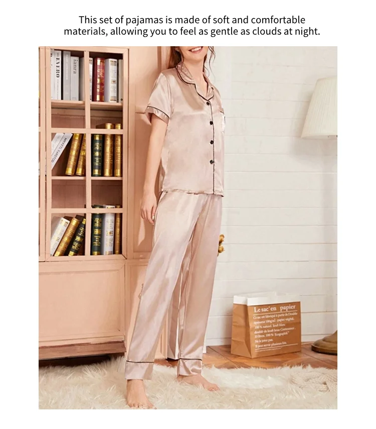 Heart Embroidery Satin Pajama Set Casual Short Sleeve Button Up Lapel Collar Top & Elastic Pants Pyjama Women's Sleepwear Pj Set