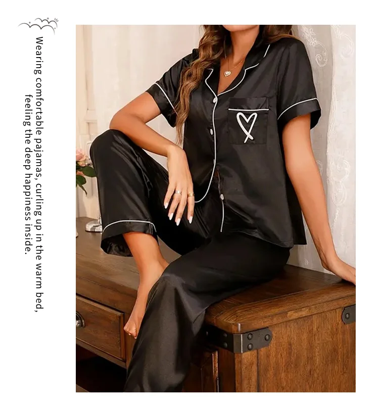 Heart Embroidery Satin Pajama Set Casual Short Sleeve Button Up Lapel Collar Top & Elastic Pants Pyjama Women's Sleepwear Pj Set