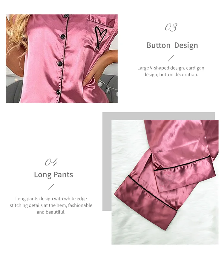 Heart Embroidery Satin Pajama Set Casual Short Sleeve Button Up Lapel Collar Top & Elastic Pants Pyjama Women's Sleepwear Pj Set