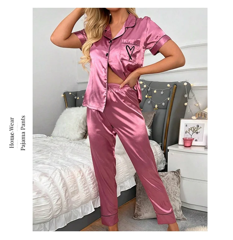 Heart Embroidery Satin Pajama Set Casual Short Sleeve Button Up Lapel Collar Top & Elastic Pants Pyjama Women's Sleepwear Pj Set