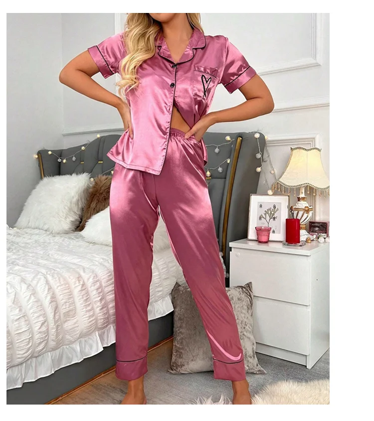 Heart Embroidery Satin Pajama Set Casual Short Sleeve Button Up Lapel Collar Top & Elastic Pants Pyjama Women's Sleepwear Pj Set