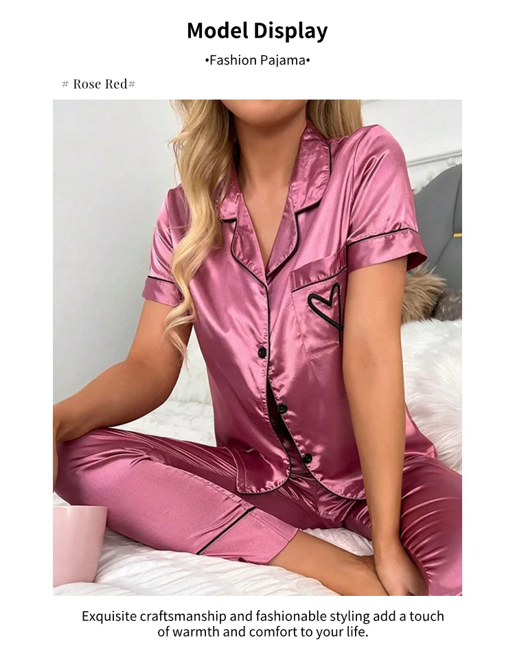Heart Embroidery Satin Pajama Set Casual Short Sleeve Button Up Lapel Collar Top & Elastic Pants Pyjama Women's Sleepwear Pj Set