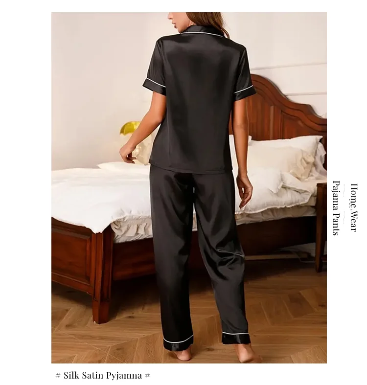 Heart Embroidery Satin Pajama Set Casual Short Sleeve Button Up Lapel Collar Top & Elastic Pants Pyjama Women's Sleepwear Pj Set