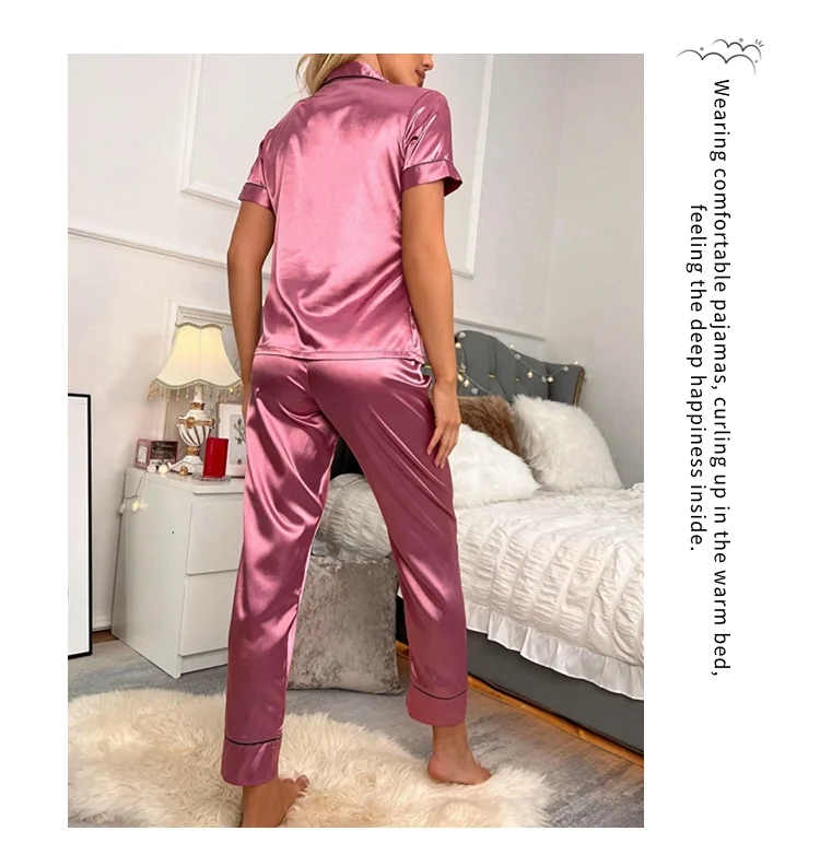 Heart Embroidery Satin Pajama Set Casual Short Sleeve Button Up Lapel Collar Top & Elastic Pants Pyjama Women's Sleepwear Pj Set