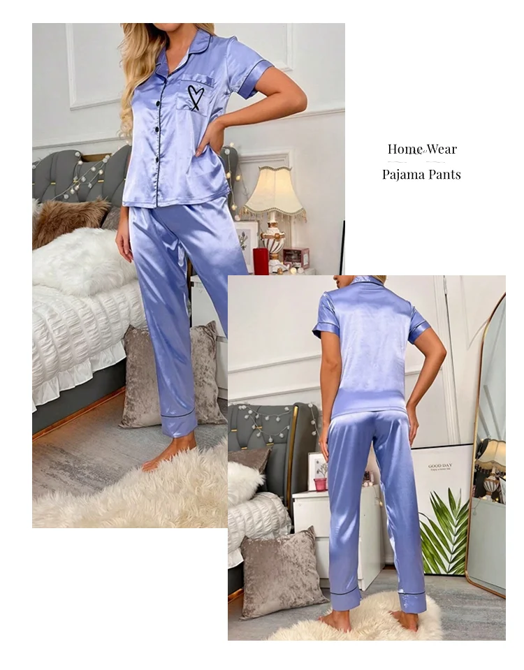 Heart Embroidery Satin Pajama Set Casual Short Sleeve Button Up Lapel Collar Top & Elastic Pants Pyjama Women's Sleepwear Pj Set
