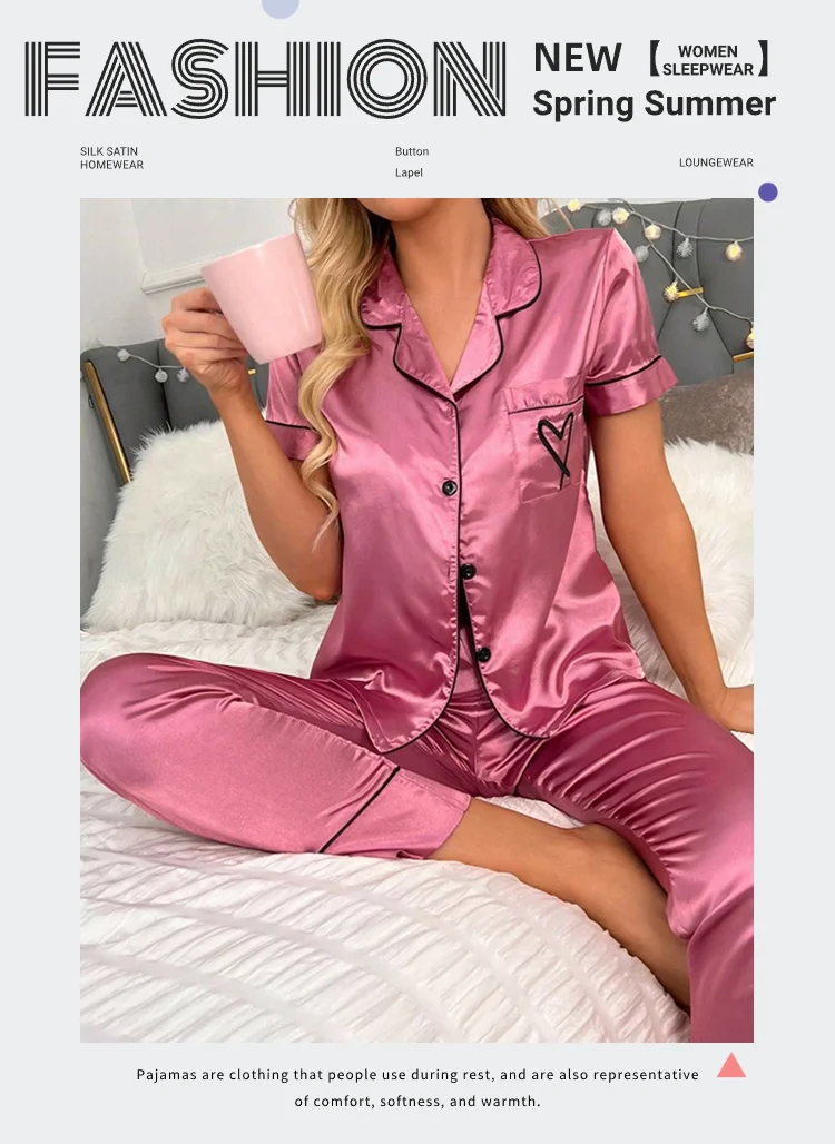 Heart Embroidery Satin Pajama Set Casual Short Sleeve Button Up Lapel Collar Top & Elastic Pants Pyjama Women's Sleepwear Pj Set