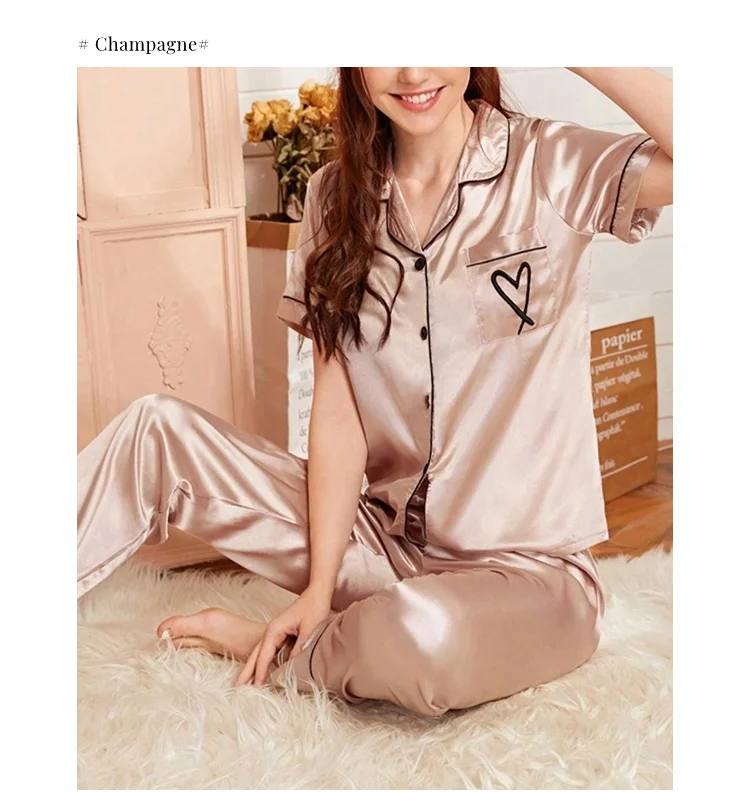 Heart Embroidery Satin Pajama Set Casual Short Sleeve Button Up Lapel Collar Top & Elastic Pants Pyjama Women's Sleepwear Pj Set
