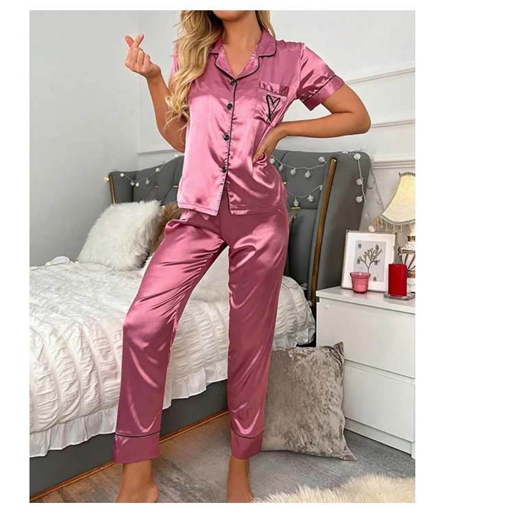 Heart Embroidery Satin Pajama Set Casual Short Sleeve Button Up Lapel Collar Top & Elastic Pants Pyjama Women's Sleepwear Pj Set