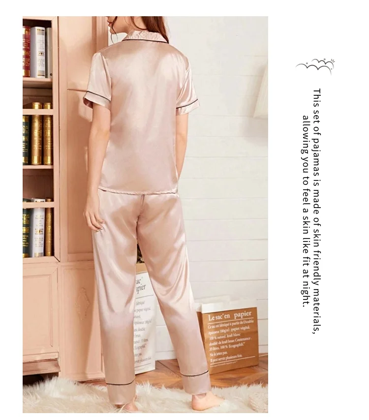 Heart Embroidery Satin Pajama Set Casual Short Sleeve Button Up Lapel Collar Top & Elastic Pants Pyjama Women's Sleepwear Pj Set