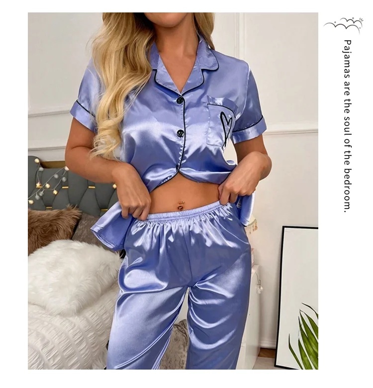 Heart Embroidery Satin Pajama Set Casual Short Sleeve Button Up Lapel Collar Top & Elastic Pants Pyjama Women's Sleepwear Pj Set