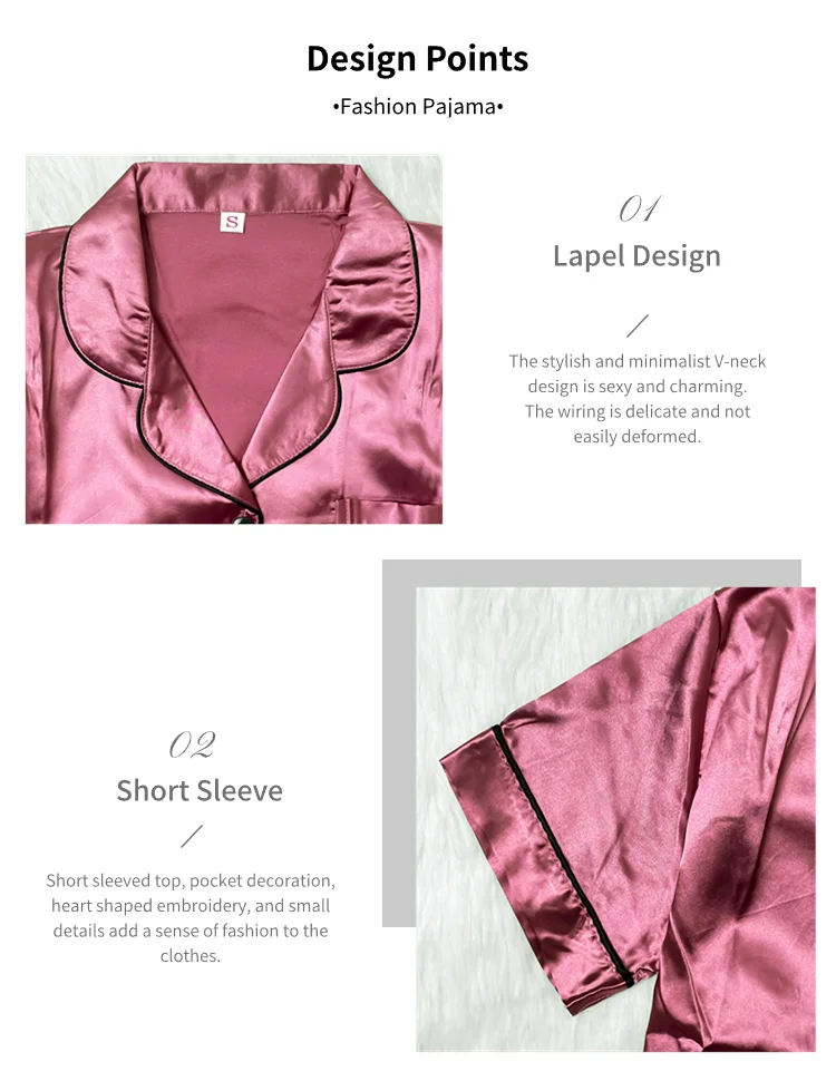 Heart Embroidery Satin Pajama Set Casual Short Sleeve Button Up Lapel Collar Top & Elastic Pants Pyjama Women's Sleepwear Pj Set