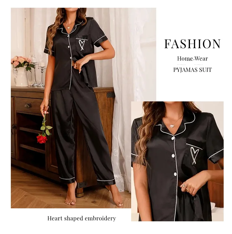 Heart Embroidery Satin Pajama Set Casual Short Sleeve Button Up Lapel Collar Top & Elastic Pants Pyjama Women's Sleepwear Pj Set